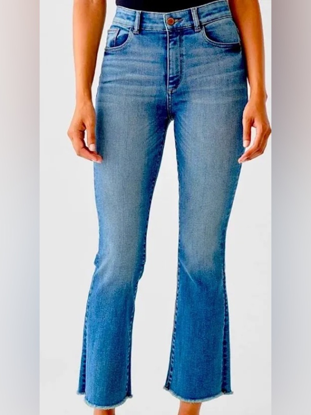 DL 1961 women’s size 27 mid rise flare denim jeans mid rise raw hem 25” inseam